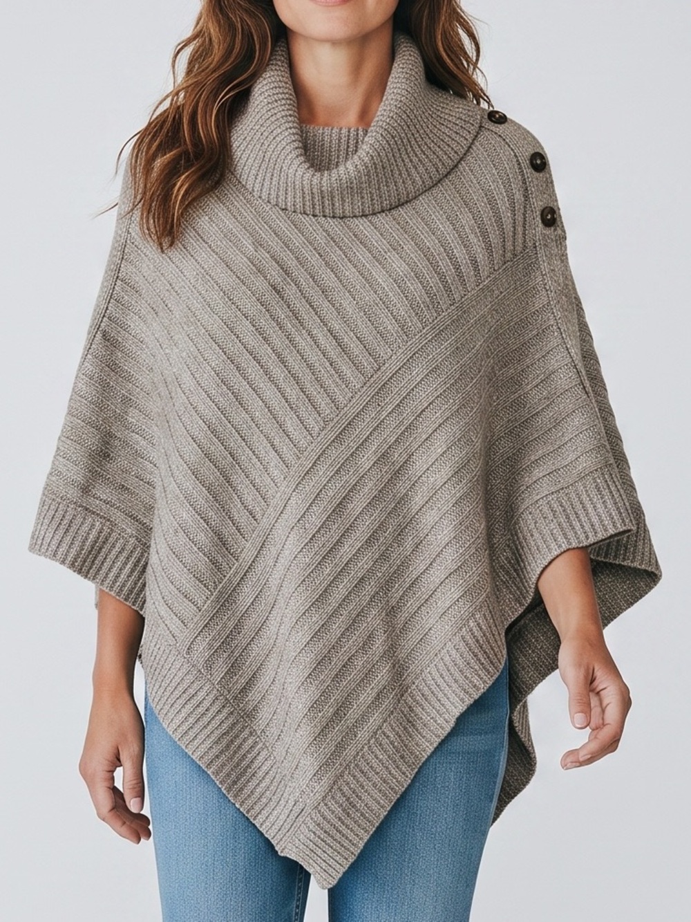 Karen Scott Taupe Ribbed Cowl Neck Poncho Sweater